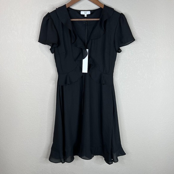 NSR Cheri Dress Size Small Black Short Sleeve Ruffle Trim Chiffon V Neck USA NWT - Picture 1 of 12